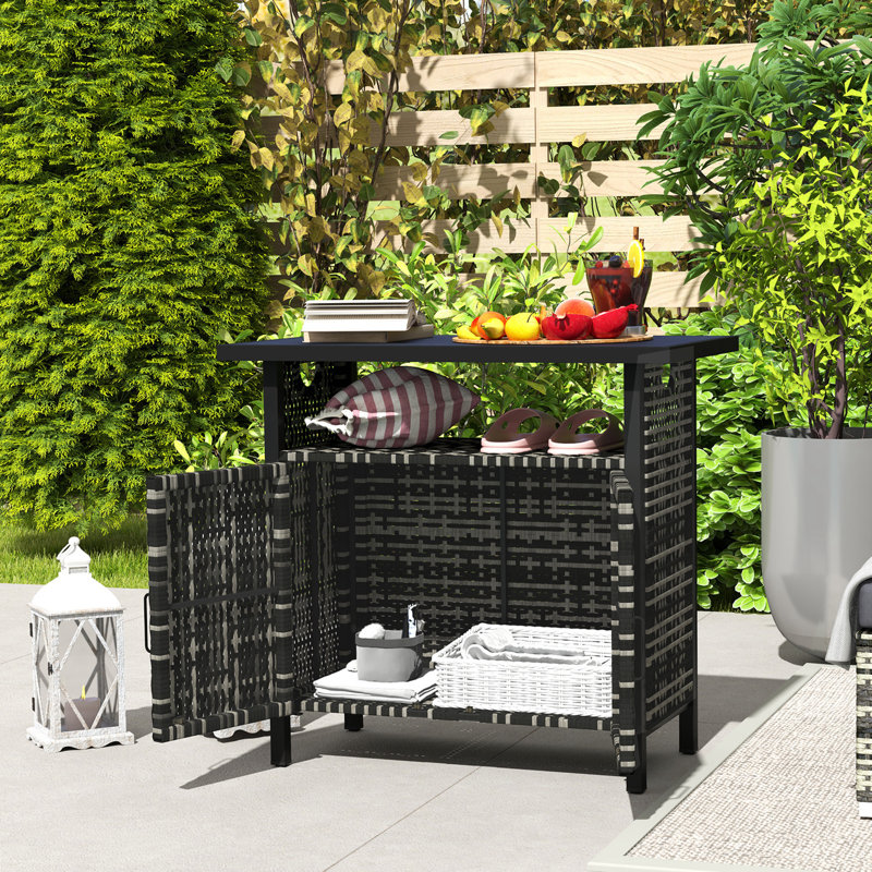 Outdoor Pool Towel Storage Cabinet Organizer, Pool Towel Holder with Shelf and Cabinet, Pool Valet with Weather-Resistant PE Rattan and Steel Frame