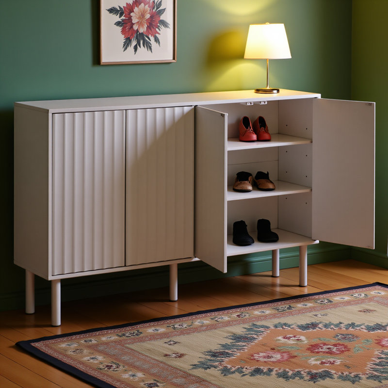 Minimalist Shoe Cabinet With 5 Solid Wood Legs, Cream Style Sideboard Buffet Cabinet With Fluted Doors, Large 4-door Storage Cabinet With Adjustable Shelves For Living Room, White, 55.1*13.7"