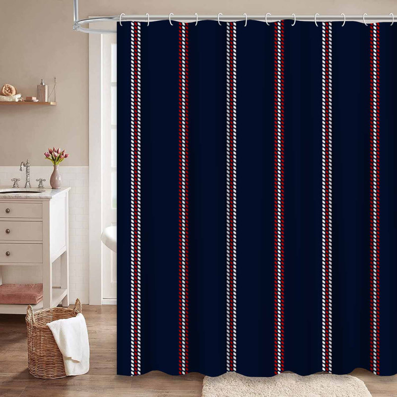 Rideau de douche rayé bleu rouge, blanc et bleu marine avec 12 crochets, L 72 po x l 84 po
