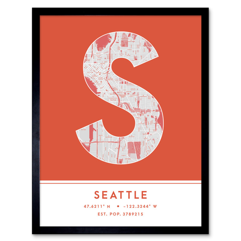 Seattle City Map Seattle Orange 1 Piece Single Picture Frame Wall Art
