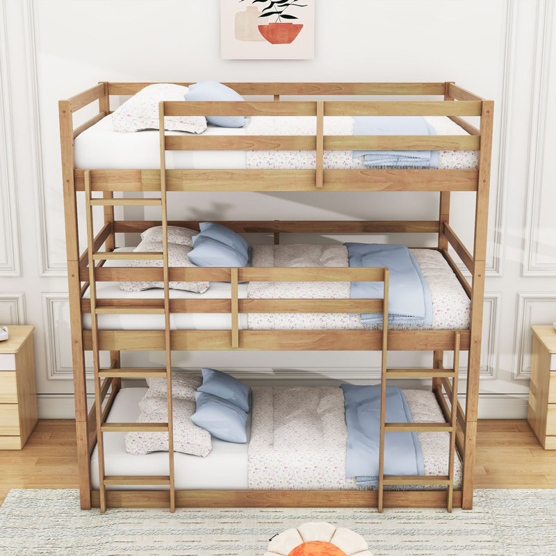 Lit superposé simple au-dessus de simple au-dessus de simple en bois avec fonction détachable et échelle, Chêne blanc
