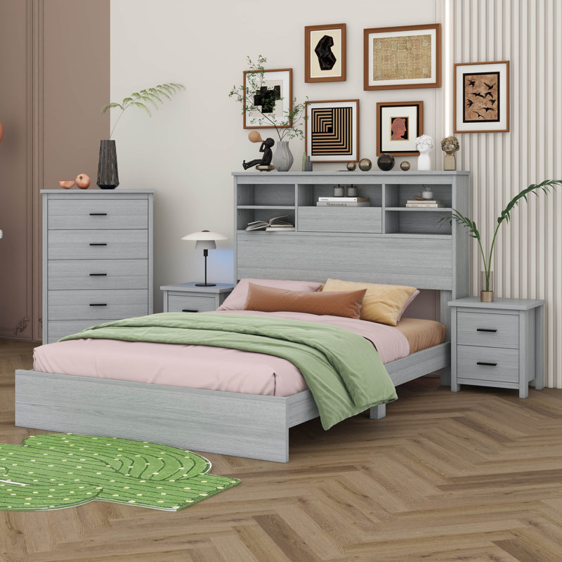 Ensemble de chambre à coucher 4 pièces, cadre de lit plateforme en bois rétro avec 2 tables de chevet et 1 commode