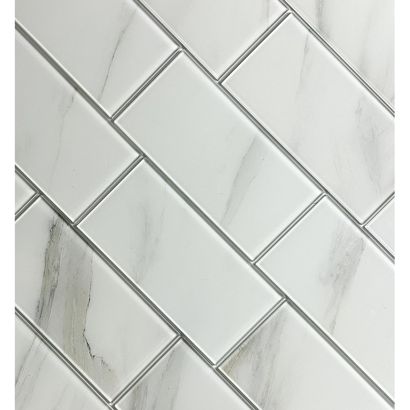 Nature 4 in. x 8 in. Marble Look Glass Straight Edge Subway Decorative Kitchen & Bathroom Wall Tile, Calacatta White