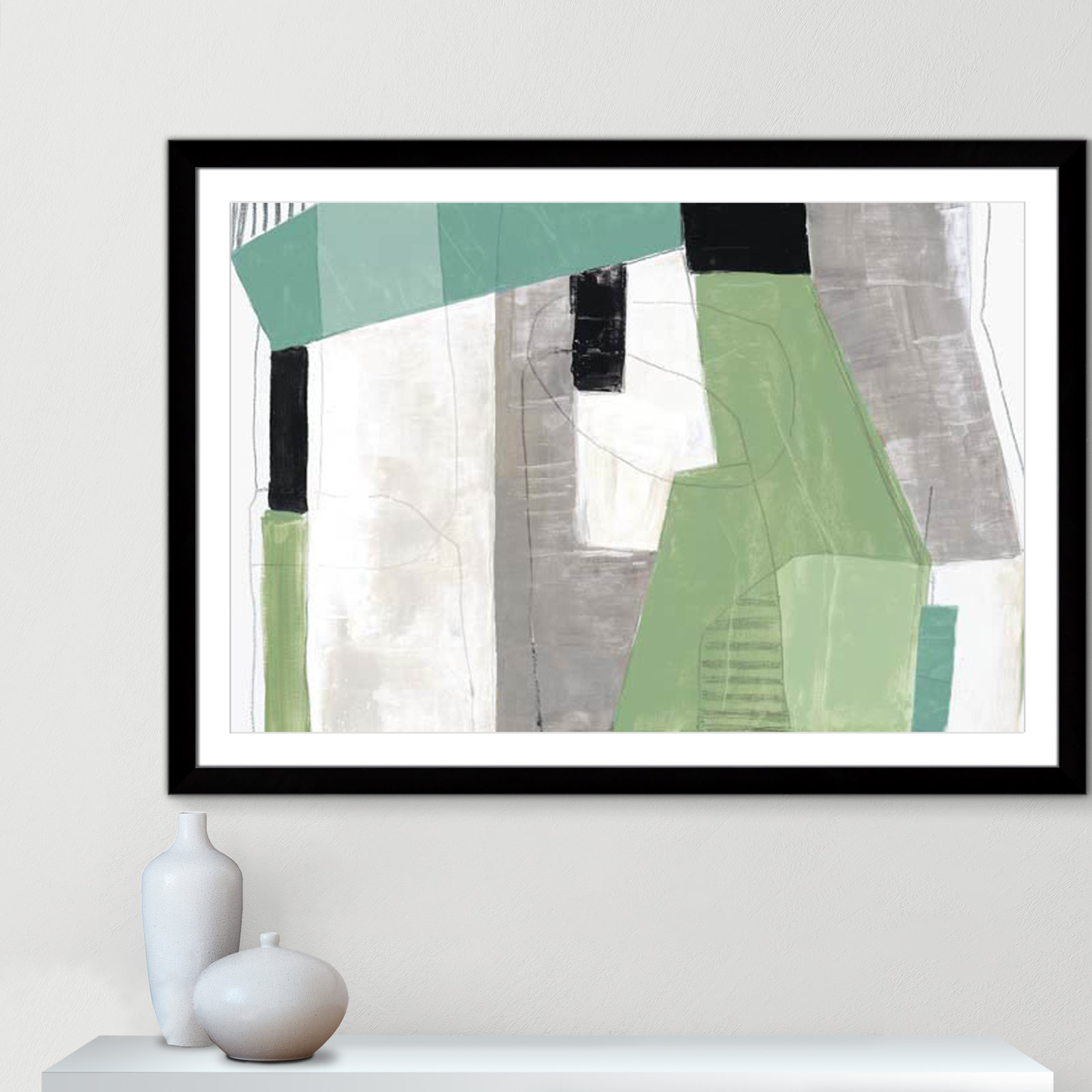Evergreen Essence by Tom Reeves, White, Black Cube Frame - Matted Fine Art Paper Print, 35" H x 49" W x 1.25" D