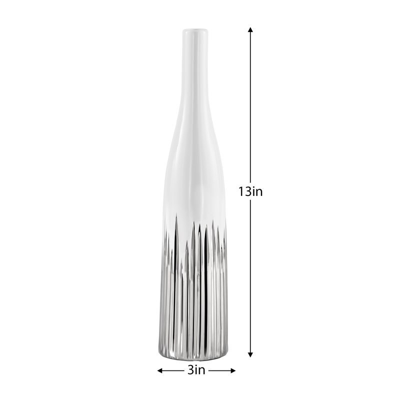 13" Handmade Gloss White & Silver Ribbed Ceramic Table Vase, 13 Inch