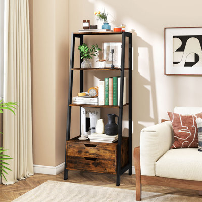 4-tier Bookshelf w/ 2 Storage Drawers Sturdy Metal Frame Anti-toppling Devices
