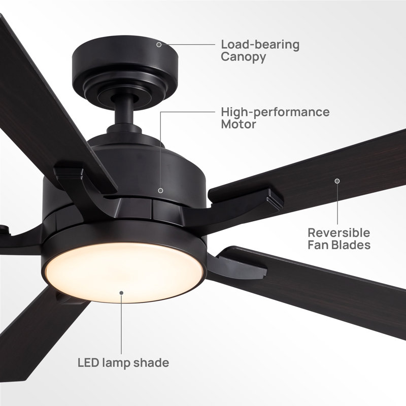 52" Modern Dimmable Black Ceiling Fan with LED Light and Remote, 6-Speed Quiet DC Motor  for Living Room, Black
