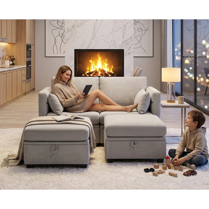 Modular 2-seater Loveseat Sofa With Storage Seats & Ottomans, Light Gray