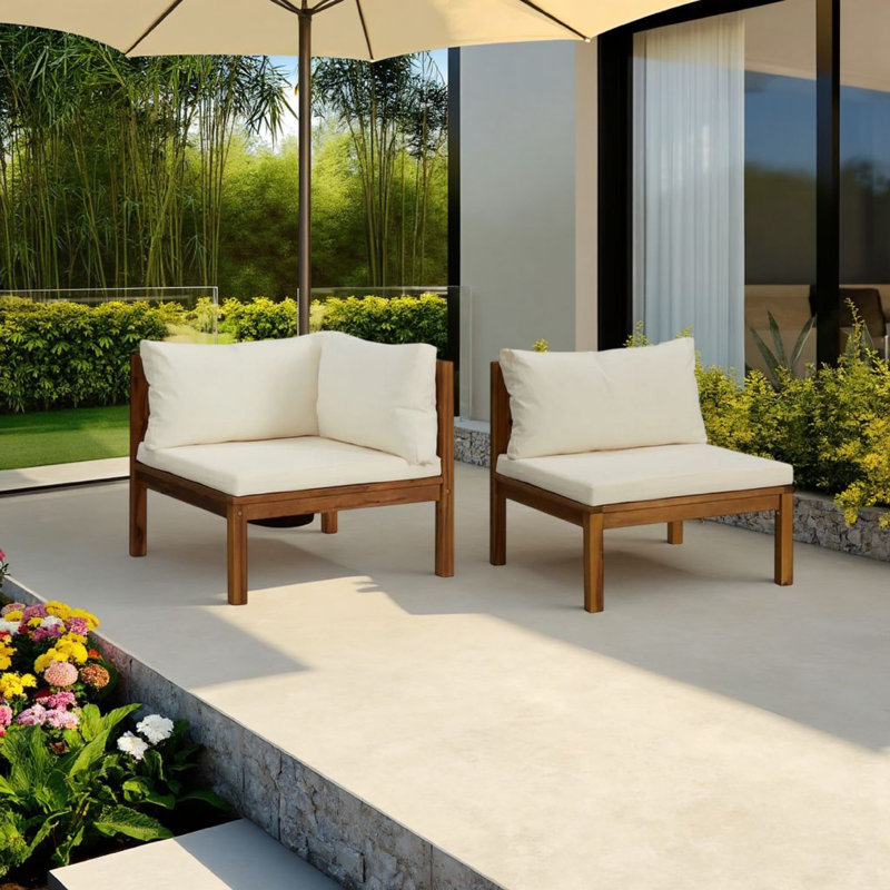 Canapé d'angle extérieur modulaire 2 pièces, bois d'acacia carré, polyester blanc