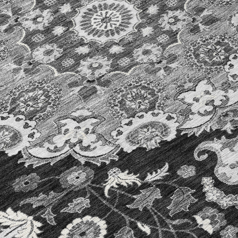 Tapis damassé intérieur / extérieur lavable à la machine ACN2611, 9 pi x 12 pi, Noir