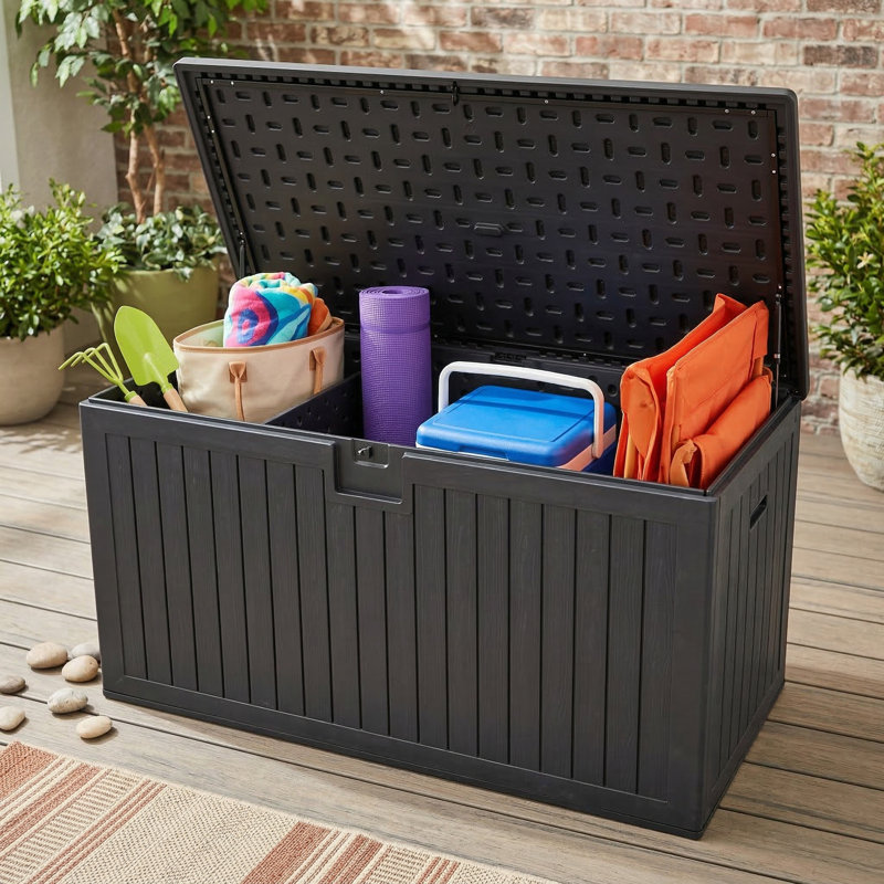 230 Gallon Resin Outdoor Deck Box Water-Resistant, Extra Large Patio Storage Container with Lockable Compartments for Patio Furniture Cushions, Pool Accessories, Garden Tools