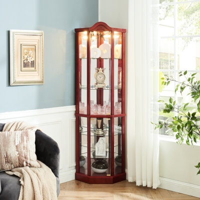 Corner Cabinet With Lighted Storage, Cherry Hue, Adjustable Shelves, Fine Carvings Storage Glass Shelves For