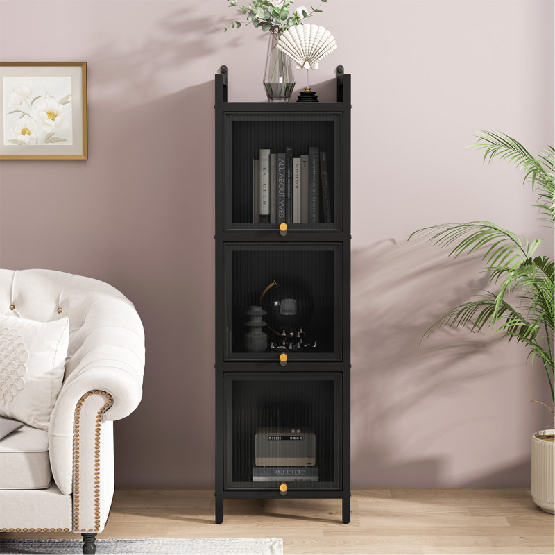 Modern Three-Tier Glass Door Cabinet With Featuring Four-Tier Storage, For Entryway Living Room Bathroom Dining Room, Black