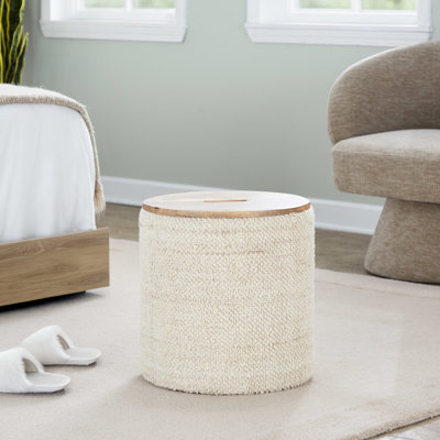 Rangement beige en laine et bois de manguier tissé à la main avec un style contemporain, fonction polyvalente, couvercle amovible, profondeur de 16,7 po, largeur, hauteur de 17 po, poids de 15 lb, utilisation intérieure seulement, limite de poids de 250 lb,
