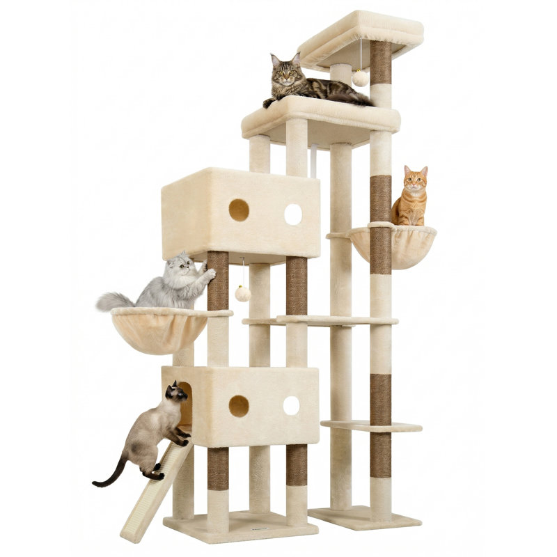 Tour pour arbre à chat multi-niveaux de 84 pouces de hauteur avec 9 poteaux à griffer en sisal, 2 condos pour chat, hamac et perchoir moelleux surdimensionné - idéale pour les chats d'intérieur