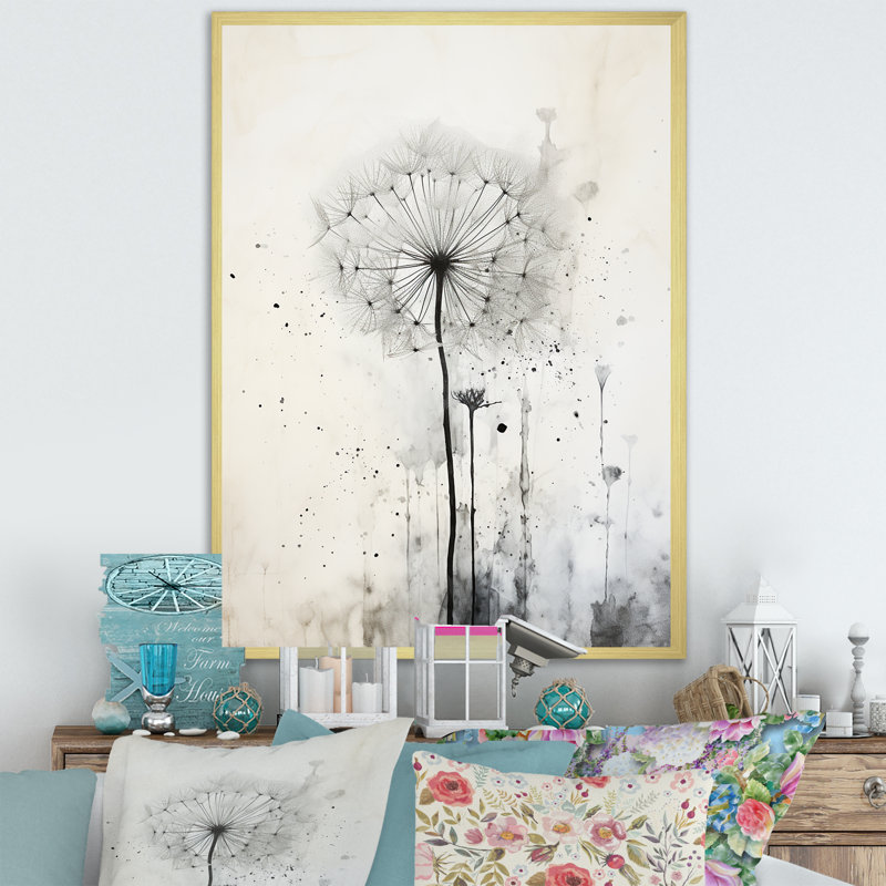 Dandelion Mute Tone I - Pissenlit, art mural, H 32 po x l 24 po x P 1 po, Cadre doré simple
