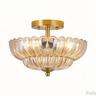 11.8" Semi-Flush Mount Ceiling Light with Amber Flower Glass Shade and Brass Base