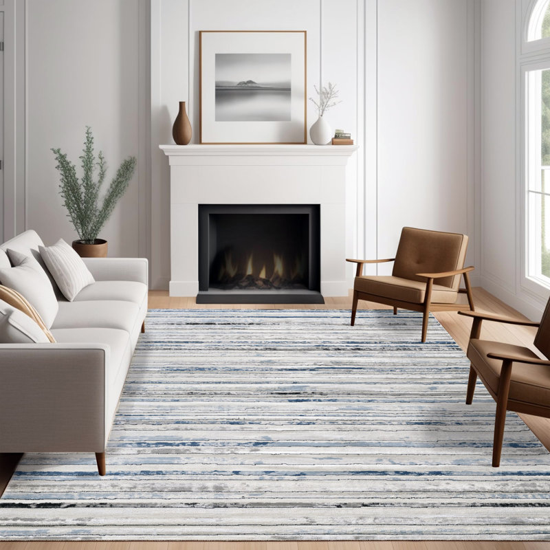 Modern Minimalist Striped Area Rug in Blue/Cream/Gray for Living Room, Hallway, Entryway Rugs, Rectangle 7'10" x 10'