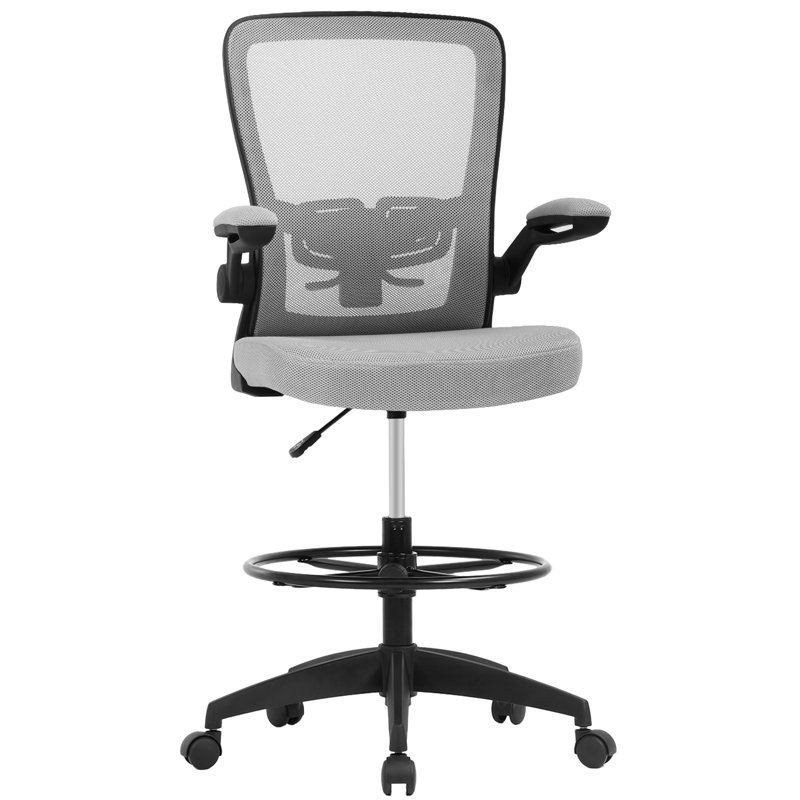 Drafting Chair Ergonomic Tall Office Chair Adjustable Height Computer Chair With Lumber Support Mid Back Task Mesh Desk Chair With Flip Up Arms Footrest Drafting Swivel Stool For Standing Desk, Grey