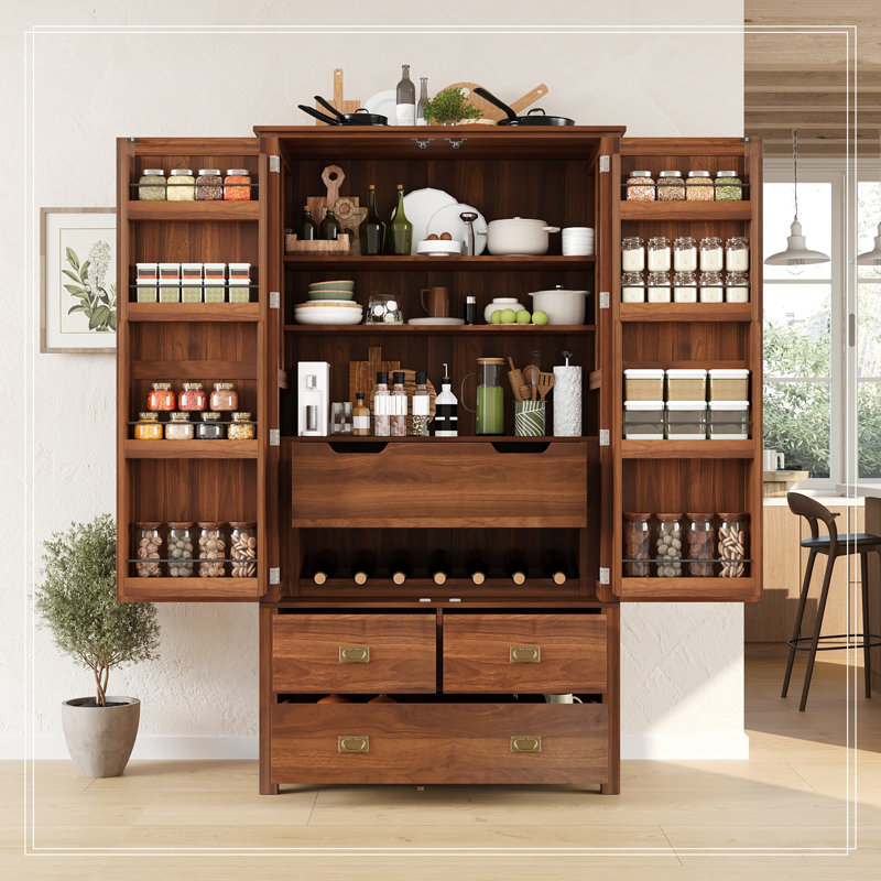 Cuisine Emaleah avec 4 tiroirs, 8 tablettes de porte, casier à vin intégré et tablettes ajustables, Noyer