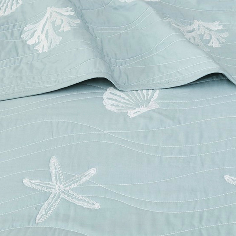 4 pièces de courtepointe en coton pour très grand / très grand. Étoile de mer brodée. . Prélavé. Instructions faciles d'entretien. Lavable à la machine. Literie à thème nautique. Très grand. Rembourrage. Coastal Retreat