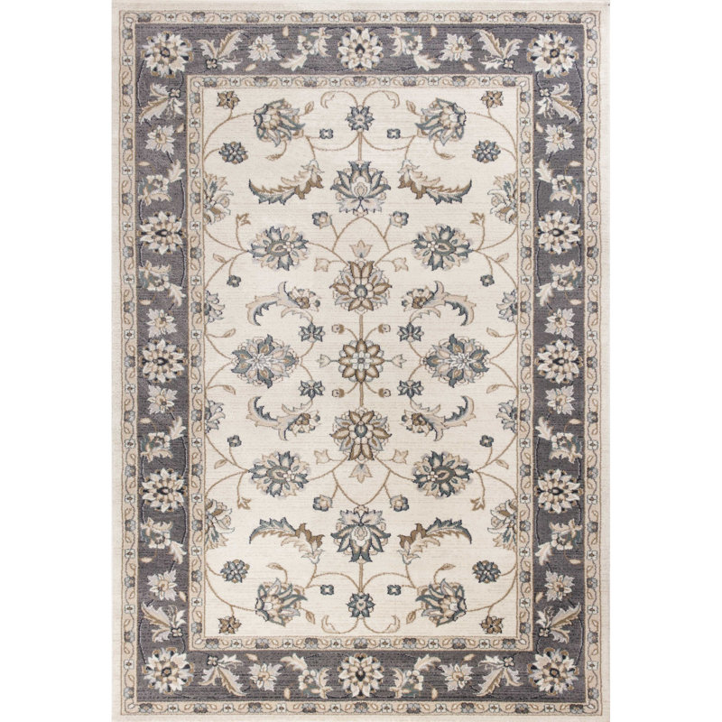 Tapis floral gris et ivoire Ajoni, Rectangle 7 pi 10 po x 9 pi 10 po
