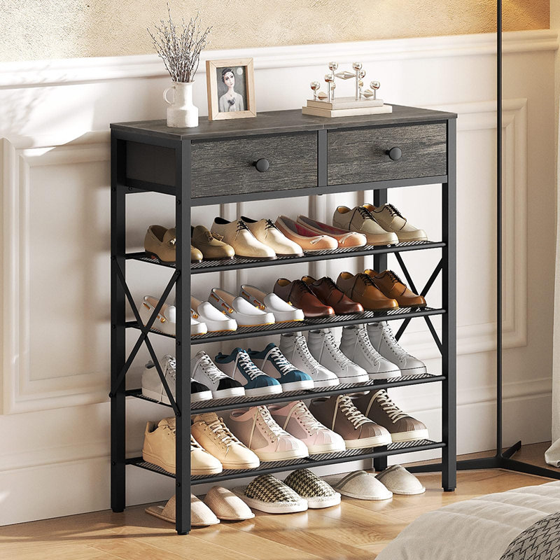 Range-chaussures 37 pièces H 37,7 po à 5 niveaux en charbon et métal noir, Charcoal + Black