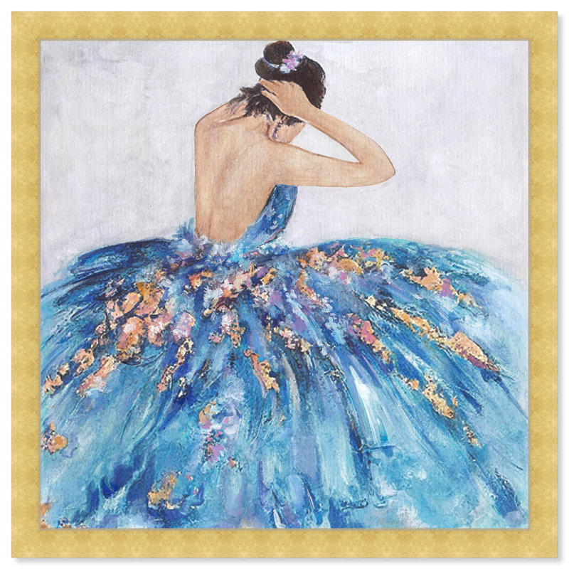 Bleu et festif - Peinture sur papier, Papier avec cadre doré, H 24 po x l 24 po