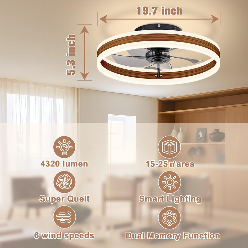 Ventilateurs de plafond 19,7 pouces à profil bas avec lumières et télécommande, Noyer