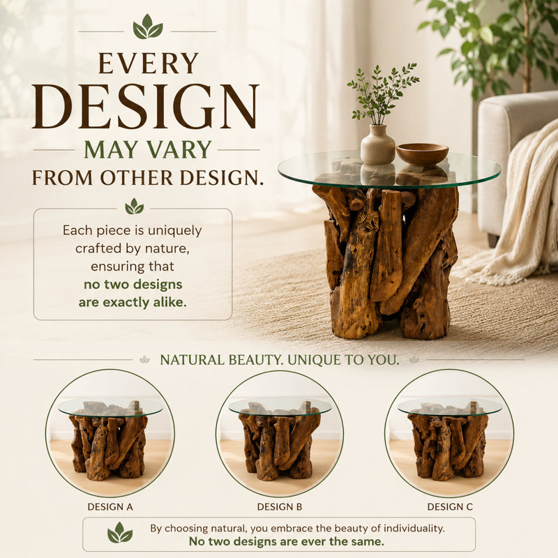 Modern Woodland Teak Root Glass Top End Table Handmade Natural Side Table with Tempered Glass