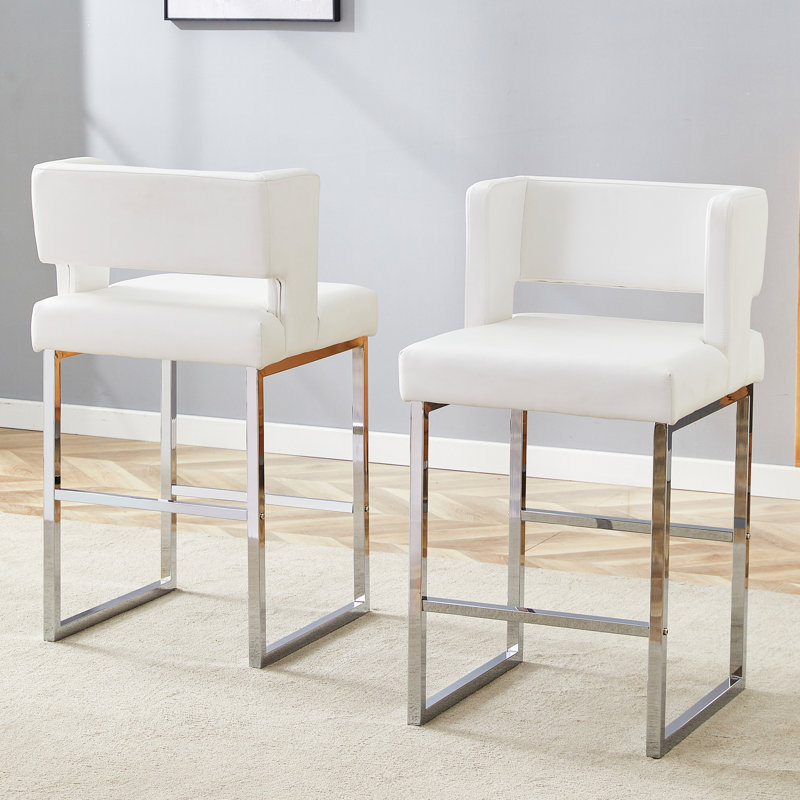 Tabouret de comptoir rembourré avec structure en métal (ensemble de 2), Blanc, Argent argent