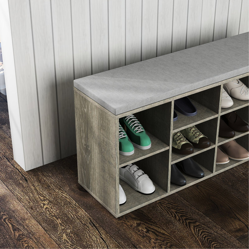 Entryway Bench, Cushion, Drawer, 9 - Pair Shoe Capacity, Side Compartments, High Boots, Gray, Particle Board Comfortable Storage Padded Seat, Sunglasses, 10 Compartment, Rack, Gray