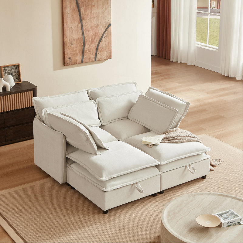 4 coussins modulaires avec rangement et coussins - tissu beige pour les espaces de vie, H 32,25 po x l 63,52 po x P 65,48 po
