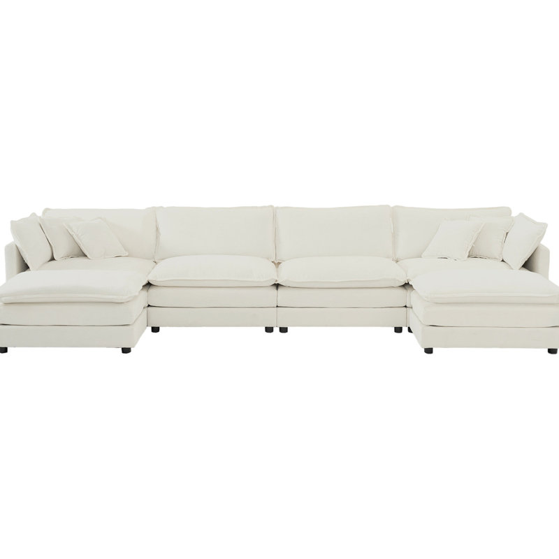 Canapé en U avec repose-pieds double, tissu chenille haut en blanc pour plus de confort, modulaire rembourré, rembourrage en éponge en forme de U