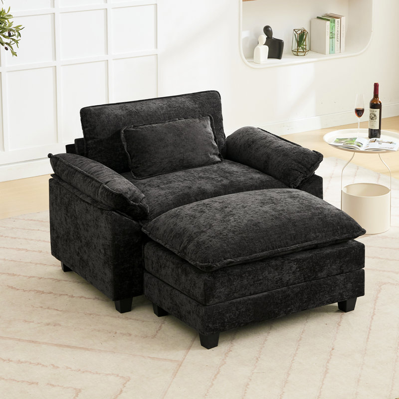 Adonia Arale 53'' Wide Comfy Cloud Couch Single Sofa Chair with Ottoman, Black