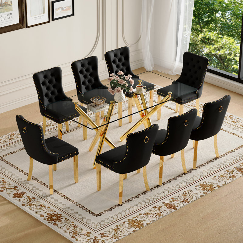 71" Dining Table Set, Modern Dining Table Set With Tempered Glass Tabletop, Velvet Chairs & Gold Metal Legs, Black/Gold