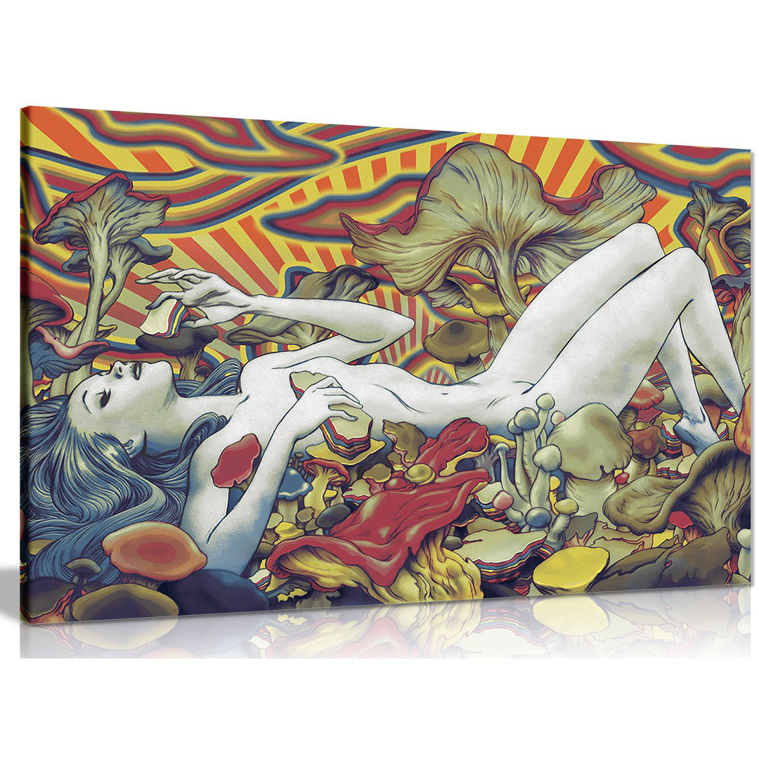 Psychedelic Trippy Art Girl Mushrooms - Wrapped Canvas Painting