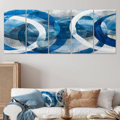 5 cercles blancs bleus clairs - art mural géométrique pour le salon
