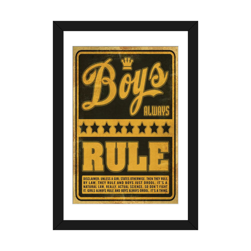 « garçons rule », reproduction d’impression sur toile, H 24 po x l 16 po x P 1 po, Papier d'art encadré noir, Blanc