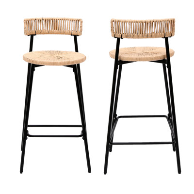 De 2 tabourets de bar faits à la main, siège et dossier en corde de papier, structure en métal noir, teinte miel, repose-pieds, hauteur de 26,57 po, pour la salle à manger et la cuisine