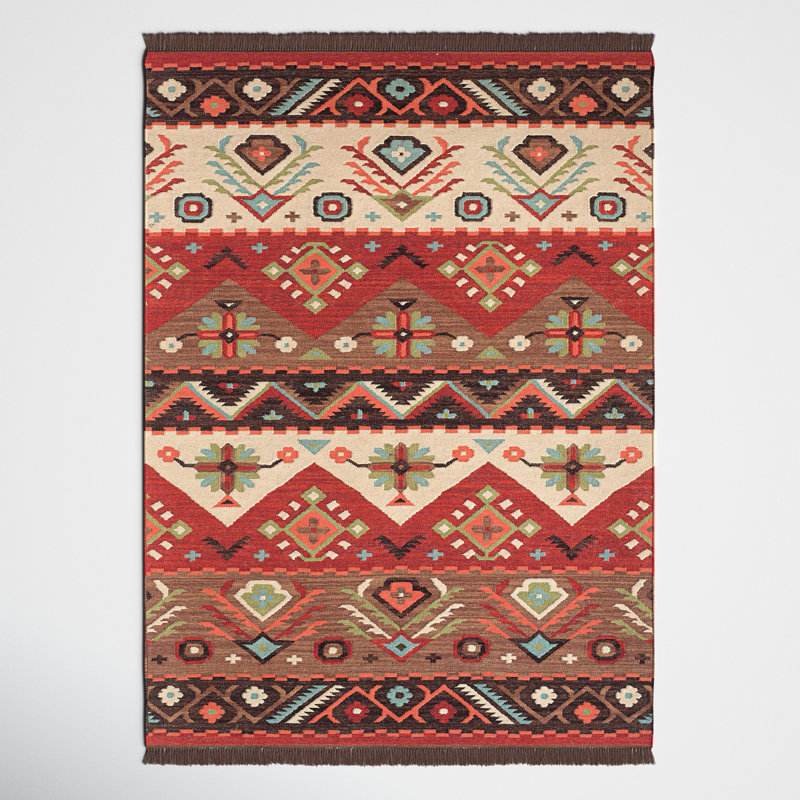 Tapis en laine multicolore tissé à plat de style Sud-Ouest Provincetown, Rectangle 3 pi 6 po x 5 pi 6 po