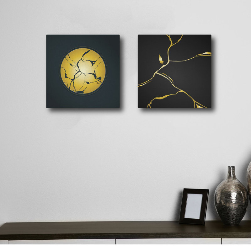 Elegant Decorative Canvas Painting Set (2 Pieces), Gold & Black, 11.8 x 11.8 Inches | 100% Canvas with 100% Wooden Frame | Perfect for Home Decor, Living Room & Office Wall Art, Stylish & Contemporary Design