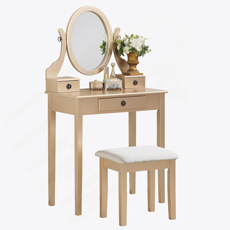Ensemble coiffeuse et tabouret de maquillage en bois Moniya, Doré