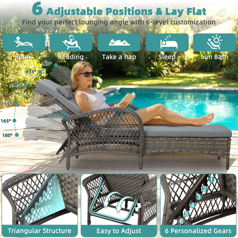 Outdoor Wicker Chaise Lounge Chair, All-weather Pe Rattan Cushioned Patio Lounger Chair, 6-position Adjustable Pool Sunbathing Recliner With Armrest & Pillow For Poolside Deck Yard, Gray
