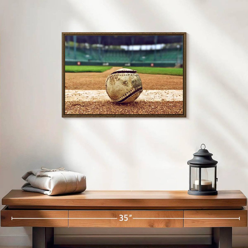 Baseball au stade, 19 po x 13 po, Cadre flottant noyer