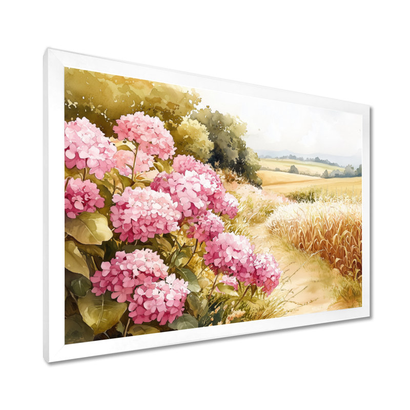Hortensias dans le champ de maïs - hydrangées, décoration murale, Reproduction encadrée d'une seule photo sans pass, Blanc