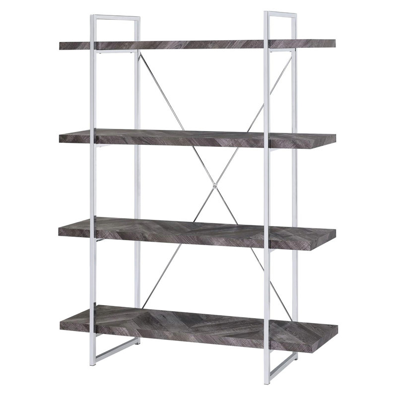 Rustic Grey Herringbone Bookcase With Full-Length Shelf