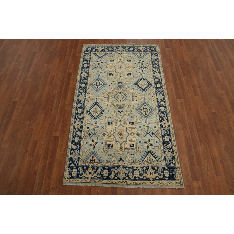 Tapis d'inspiration rétro 4 x 7 avec motifs classiques bleu et beige