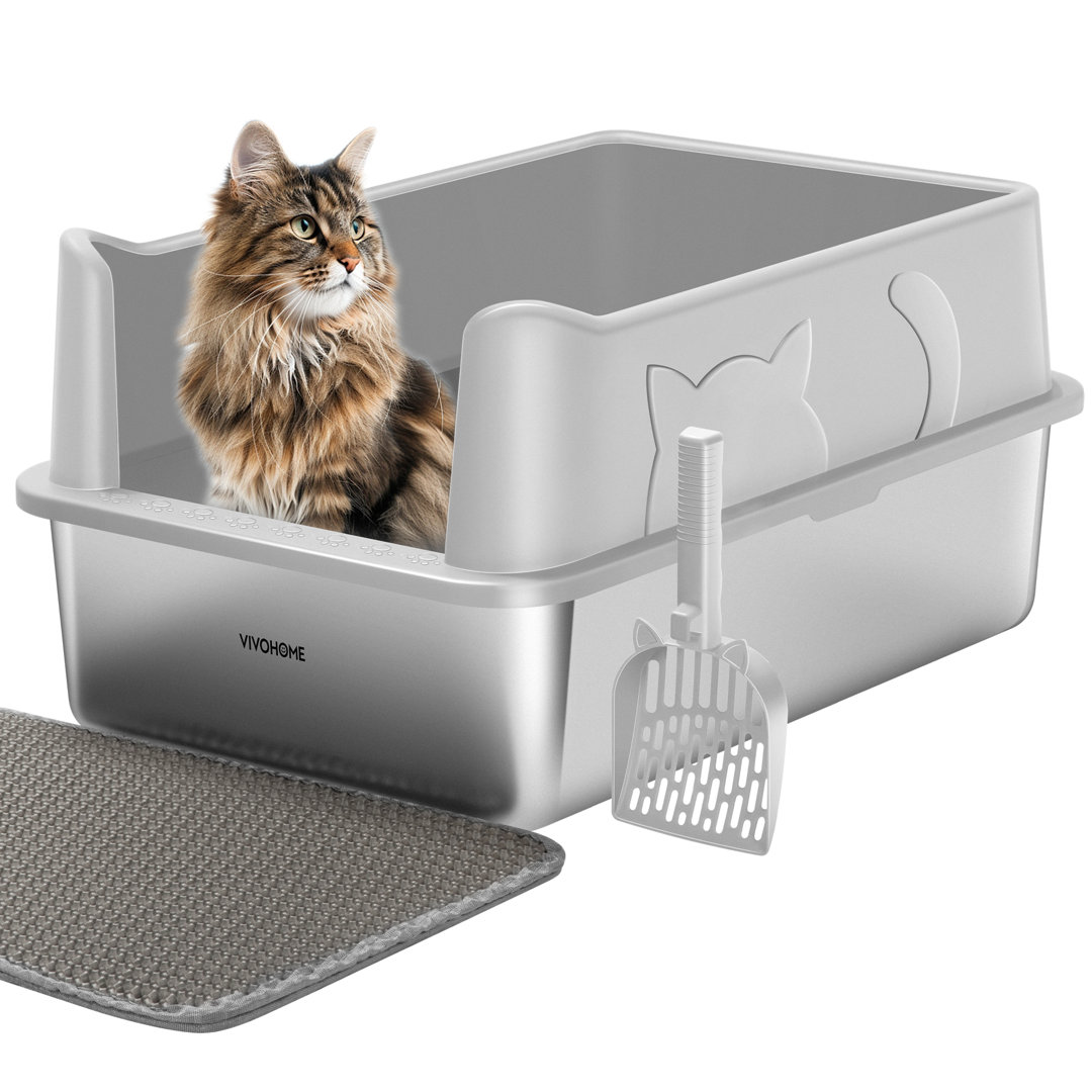 Extra Large Stainless Steel Cat Litter Box with Lid, Litter Mat and Scoop Tucker Murphy Pet™ 