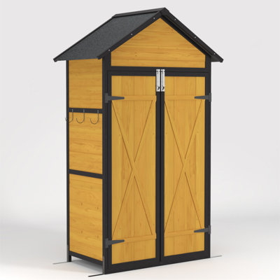 Armoire de rangement pour l'extérieur Remise en bois résistante aux intempéries avec portes imperméables et verrouillables Tablettes amovibles Crochets de table pliables 69 po pour jardin et patio